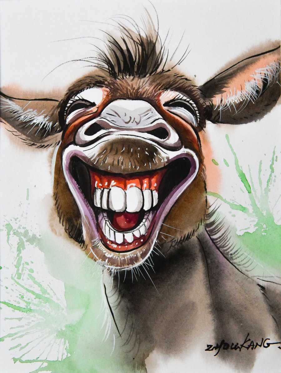 Funny Donkey Watercolour Painting on Paper and Framed (One of a Kind) No.2