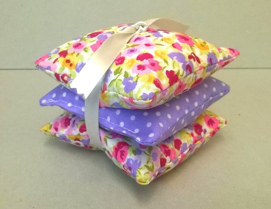 Lavender sachets in pink and lilac flowers, set of three, ladies gift