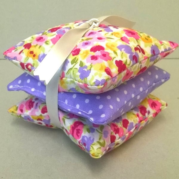 Lavender sachets in pink and lilac flowers, set of three, ladies gift
