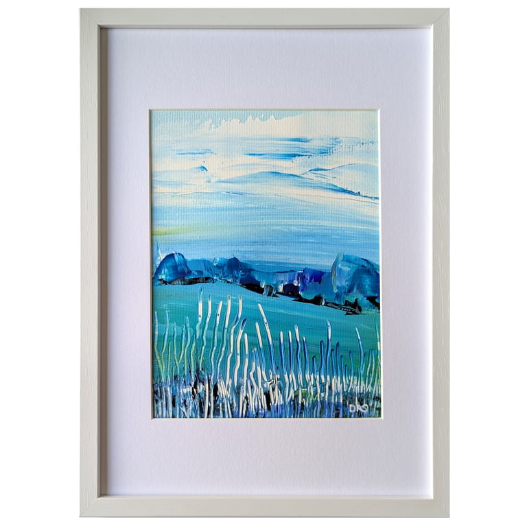 'Blue Vista' Vividly Coloured Original A4 Framed Painting