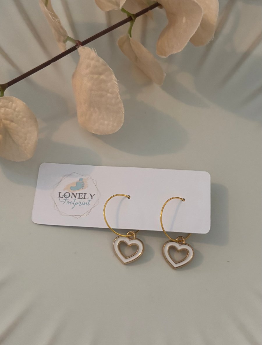 White Heart Hoop Earrings, Charm Earrings, Handmade Jewellery 