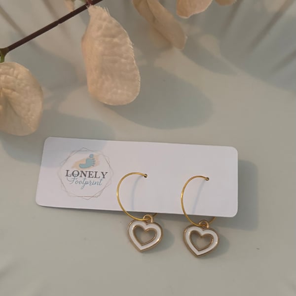 White Heart Hoop Earrings, Charm Earrings, Handmade Jewellery 