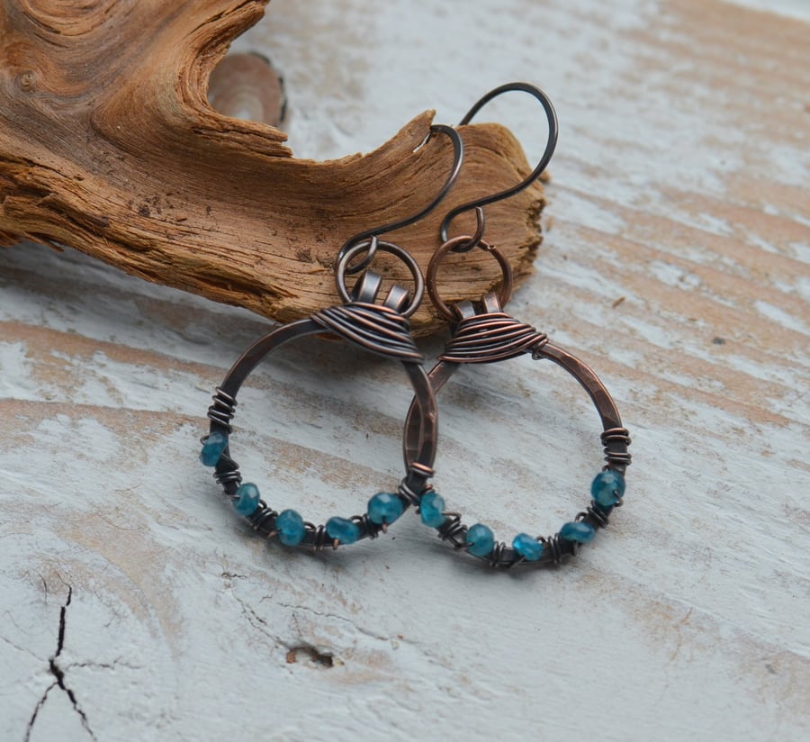 Handmade Copper Hoop Earrings with Apatite Gemstone Beads