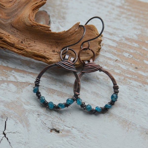 Handmade Copper Hoop Earrings with Apatite Gemstone Beads