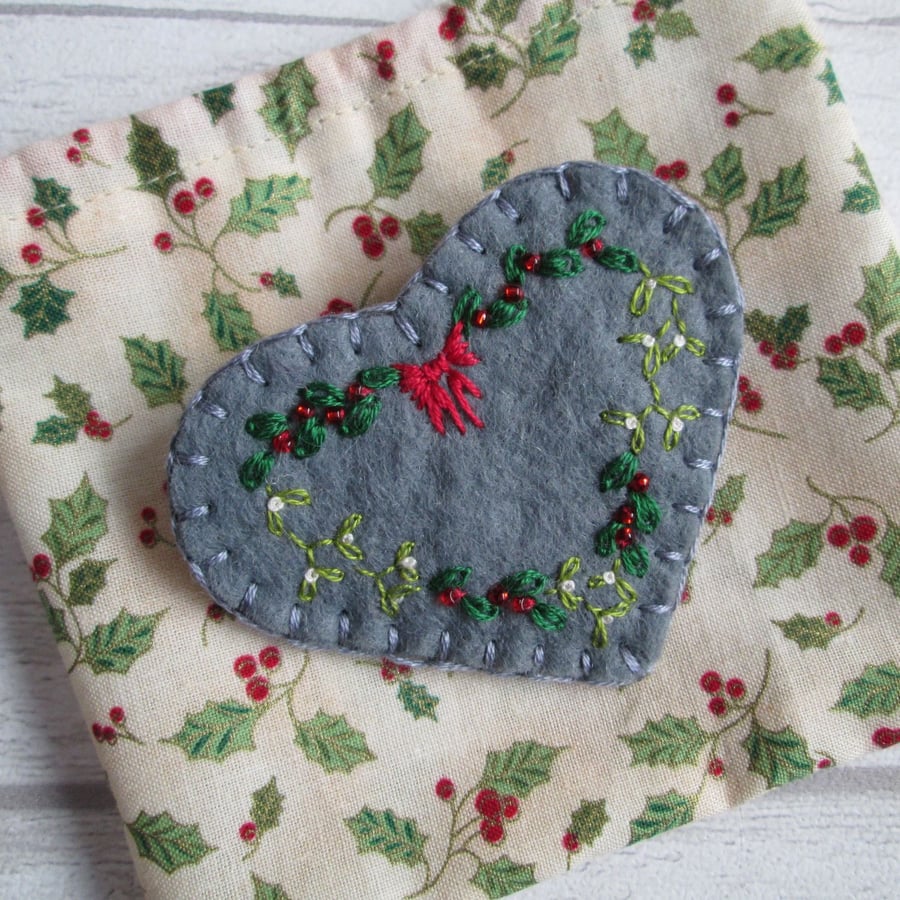 Hand Embroidered Holly & Mistletoe Wool Felt Heart Brooch, Christmas Brooch