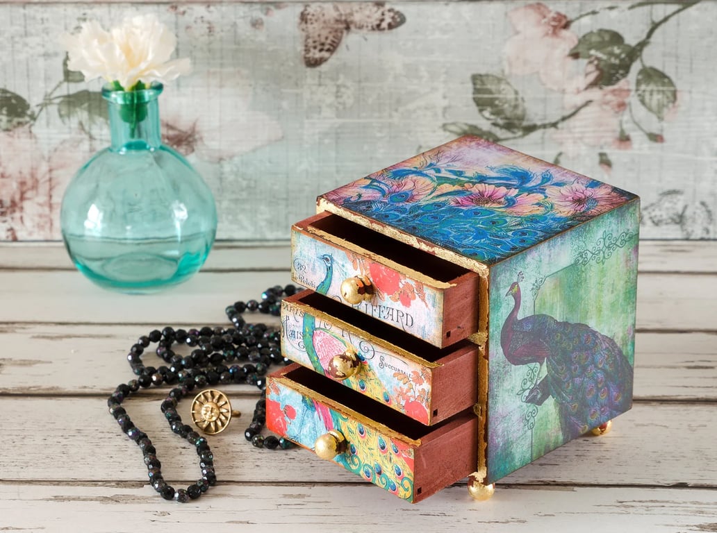 Peacock Trinket Drawers, Shabby Chic Style Jewellery Box Gift