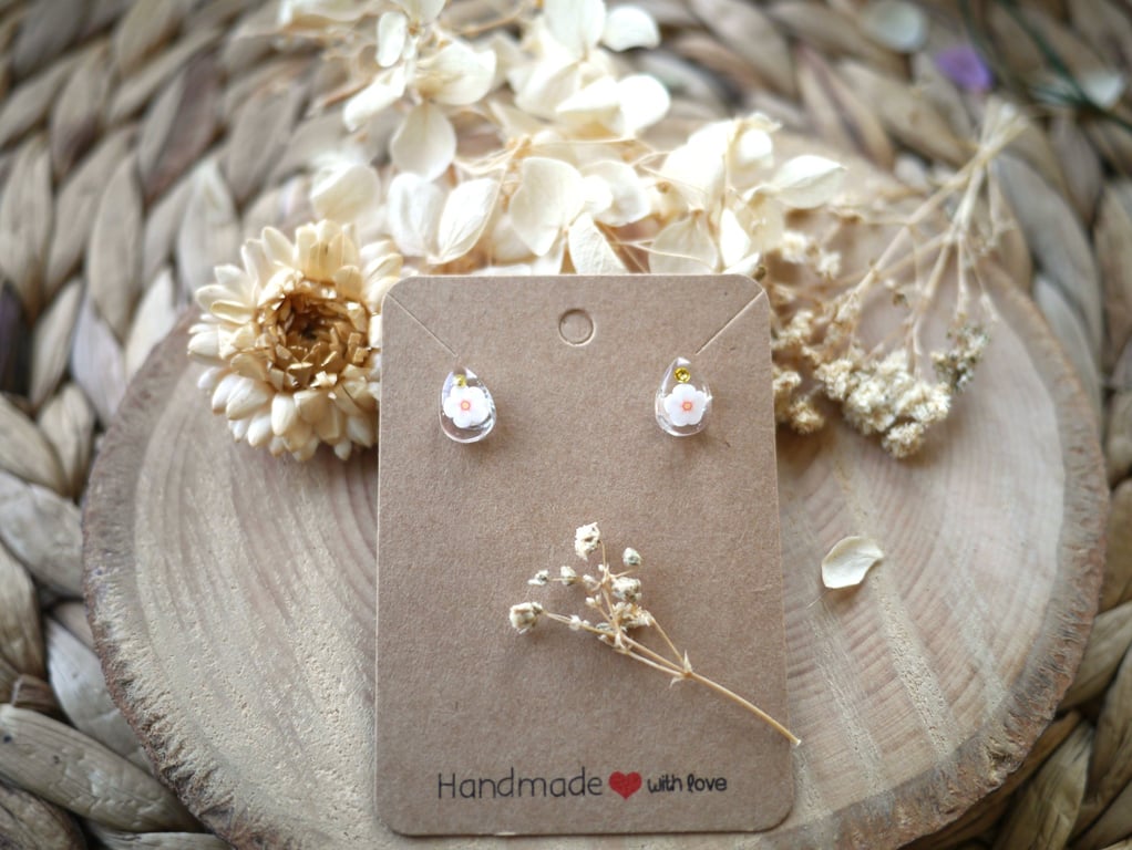 White & Pink Blossom Flowers in Resin, Gem Stones & Sterling Silver Studs