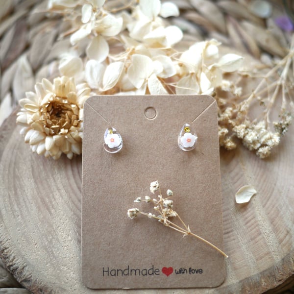 White & Pink Blossom Flowers in Resin, Gem Stones & Sterling Silver Studs