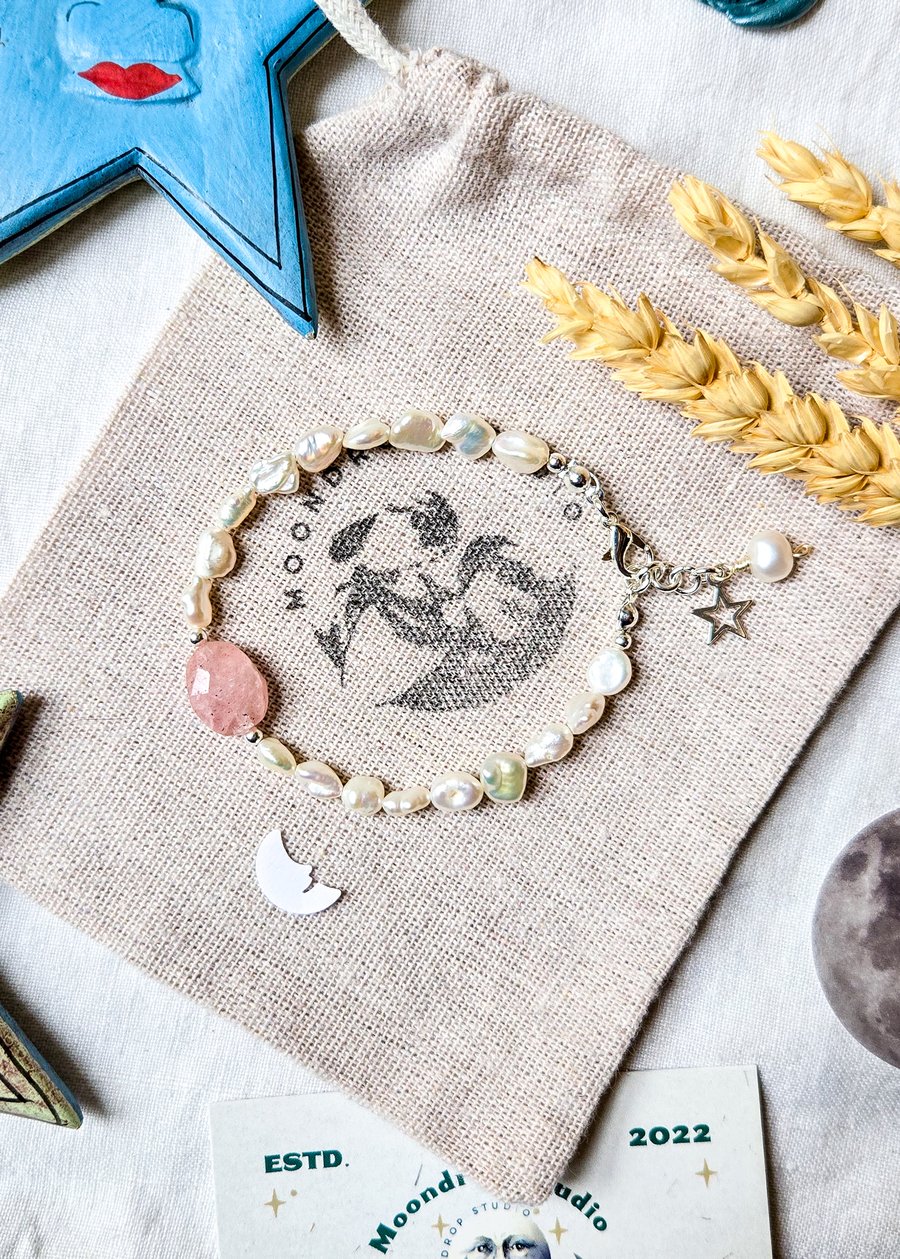 Strawberry Quartz Gemstone Bracelet - Freshwater Pearl - Sterling Silver