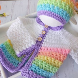 Rainbow Crochet Baby Set, Cardigan and Hat Set 