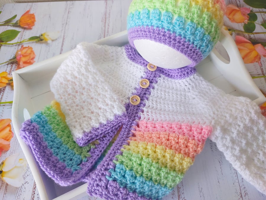 Rainbow Crochet Baby Set, Cardigan and Hat Set 