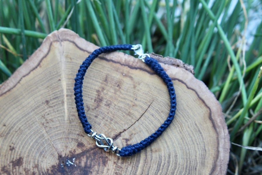 Navy Linen Bracelet with Silver Love Knot, Fourth Wedding Anniversary Gift