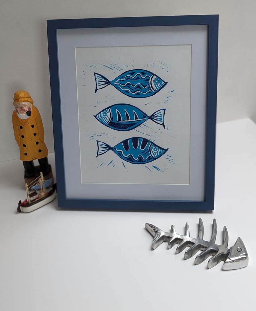 Original Handmade Linocut Print 'Abstract Fish Design'