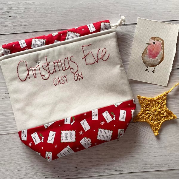 'Christmas Eve Cast On' Project Bag with Hand Embroidery - Red-Letters to Santa