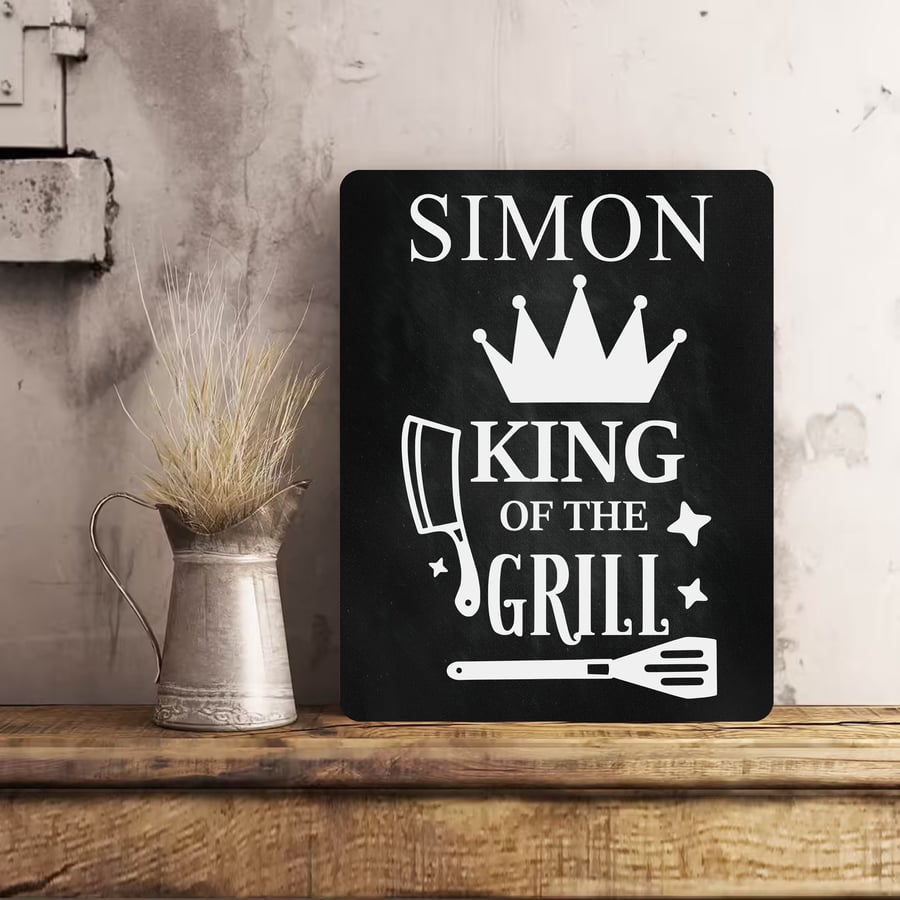 PERSONALISED Grill King BBQ Garden Metal Wall Sign Gift Dad Present