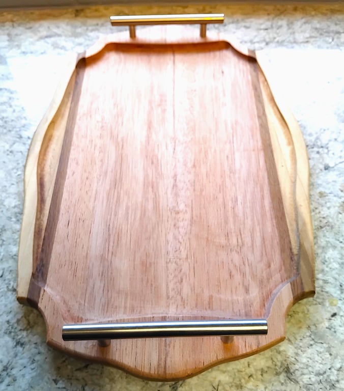mixed wood serving tray  stainless steel handles breakfast dinner lunch snacks