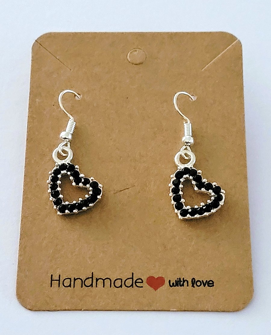 Black Crystal Heart Charm Dangle Earrings on Silver Plated Earring Hooks