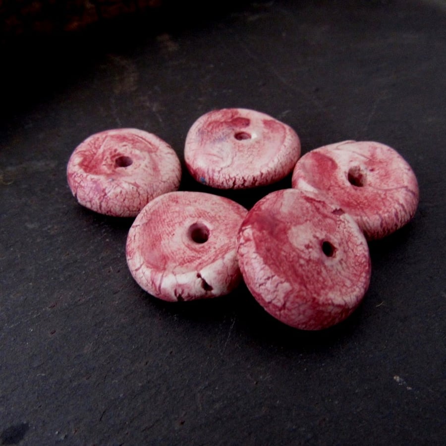 5 Medium Dark Pink Glazed Chubby Disc Clay Beads