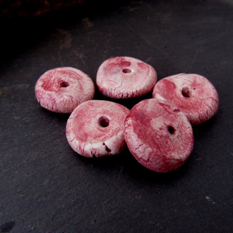 5 Medium Dark Pink Glazed Chubby Disc Clay Beads