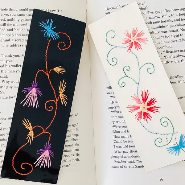 Embroidered book marks, embroidered butterflies, embroidered flowers