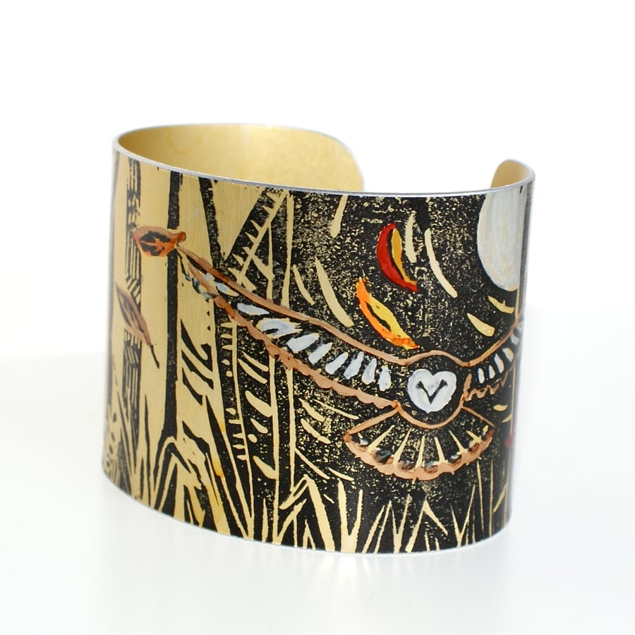 Treetops owl cuff - print from an original linocut