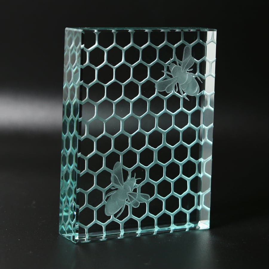 Bees and Honeycomb Etched Glass Block