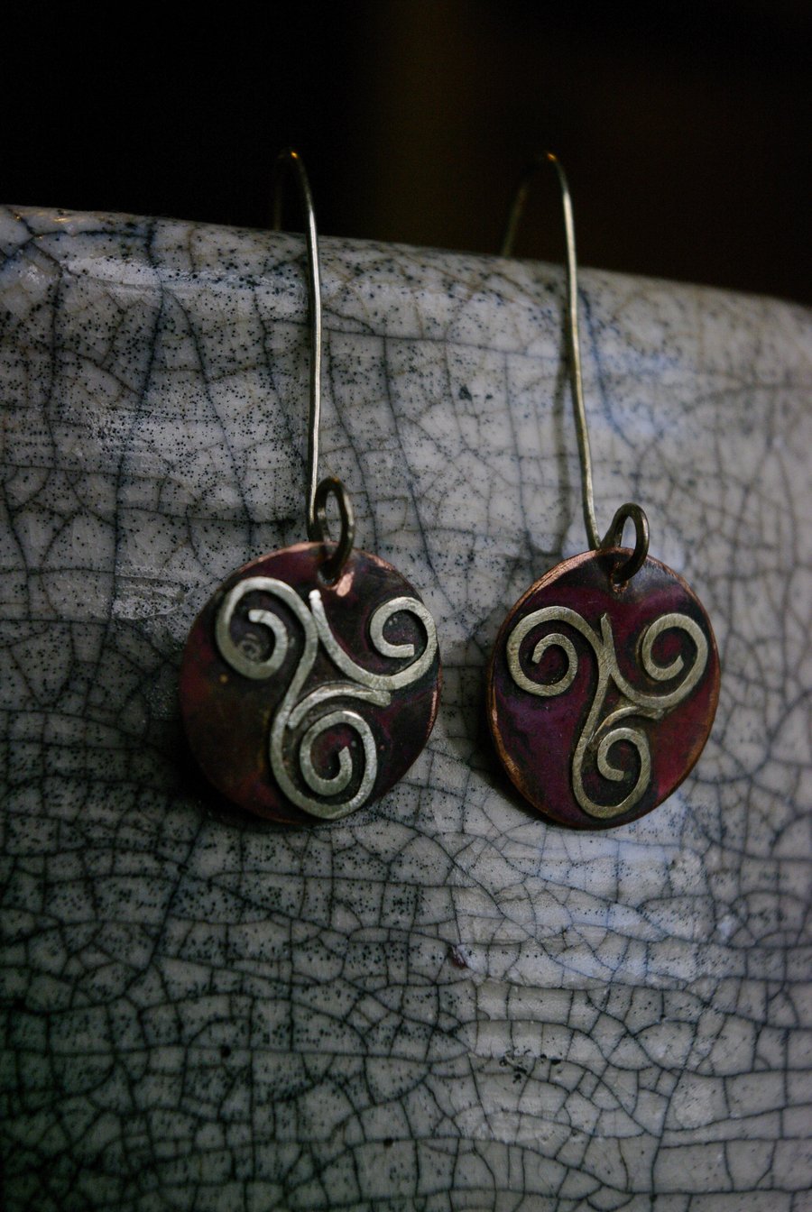 Celtic Copper and Silver Triple Spiral Drop Earrings