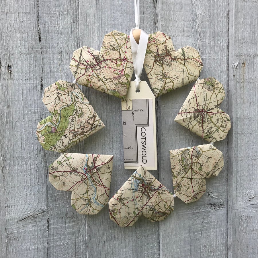 Origami loveheart wreath, Cotswolds & Oxfordshire map paper