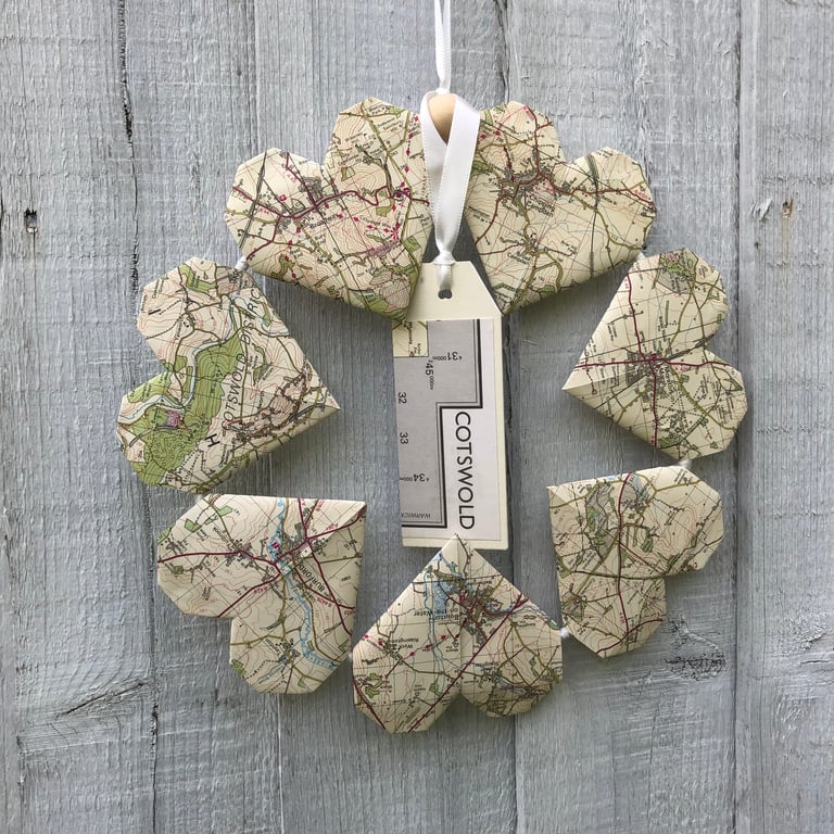 Origami loveheart wreath, Cotswolds & Oxfordshire map paper