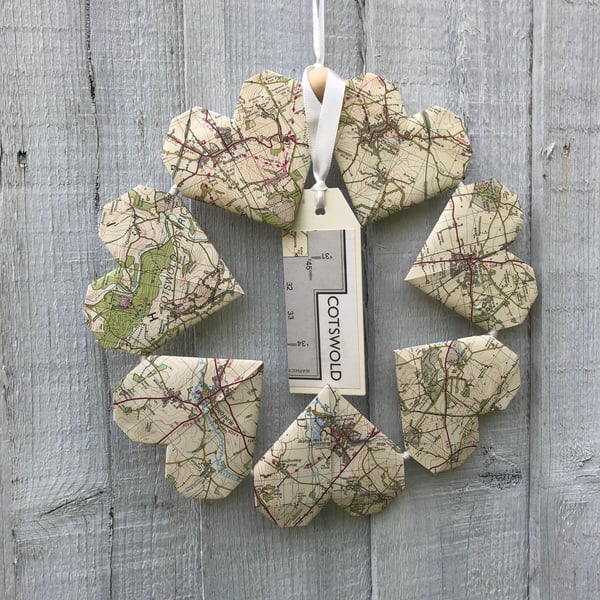 Origami loveheart wreath, Cotswolds & Oxfordshire map paper