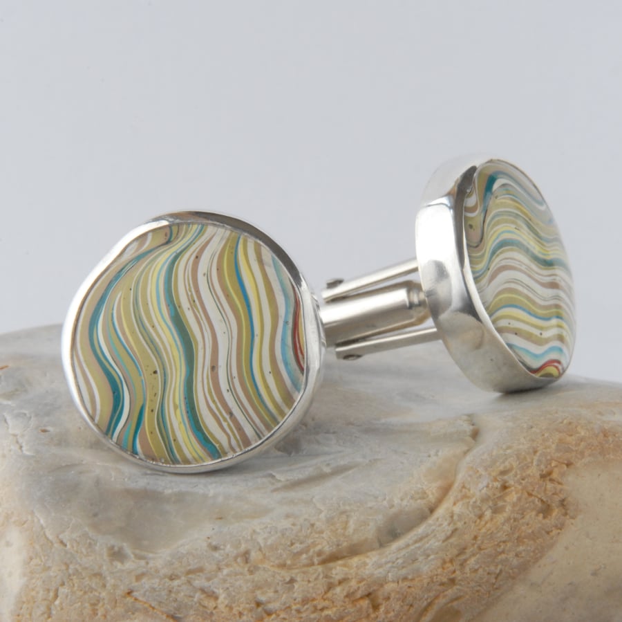 Vintage pastel fordite and sterling silver swivel back cufflinks