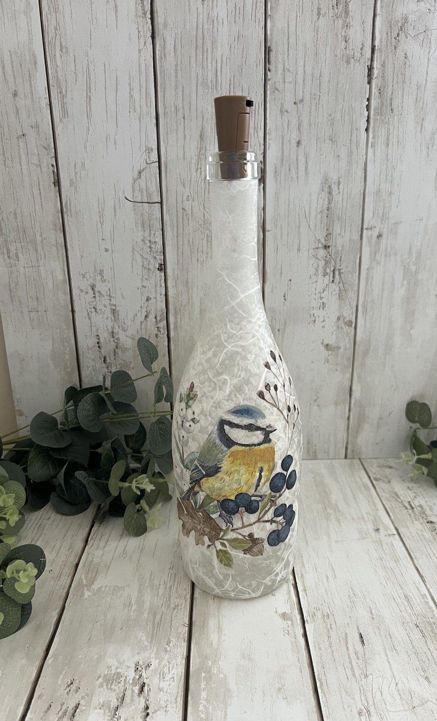 Decoupage Upcycled Glass Bottle Light - Blue Tit, Home Decor, Nature Inspired