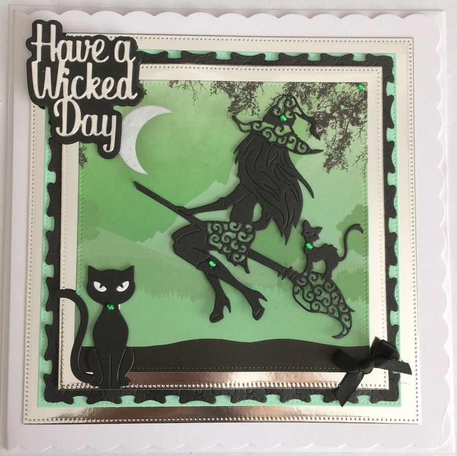 Pagan Halloween Card Have a Wicked Day Sexy Witch Cats 3D Luxury Green 2