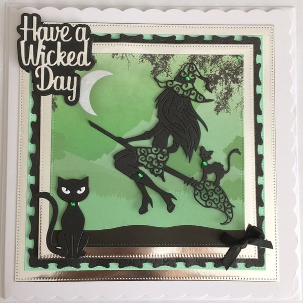 Pagan Halloween Card Have a Wicked Day Sexy Witch Cats 3D Luxury Green 2