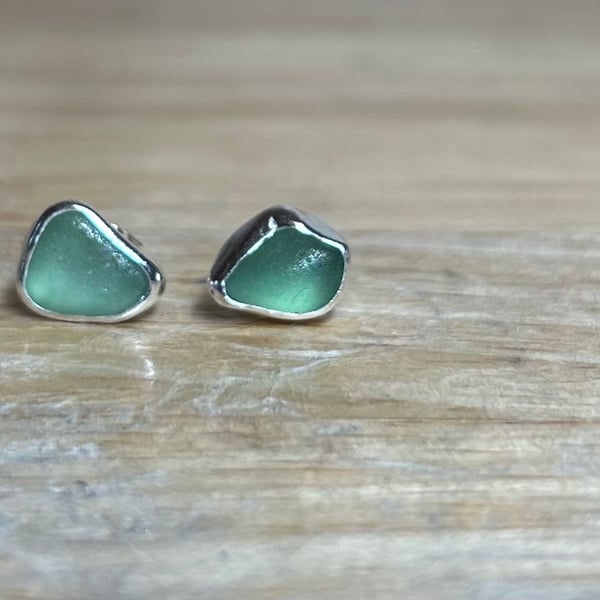 Sterling Silver Teal Green Welsh Sea Glass Stud Earrings
