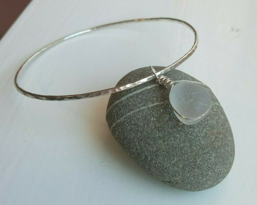 Recycled Silver Sparkle Bangle with White Cornish Seaglass Charm Small-Medium
