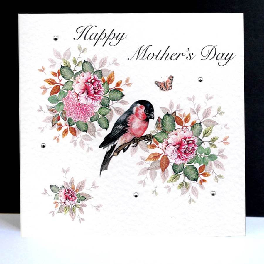 A Happy Mother’s Day – Bullfinch and Roses Handpainted Card 