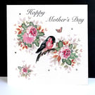 A Happy Mother’s Day – Bullfinch and Roses Handpainted Card 