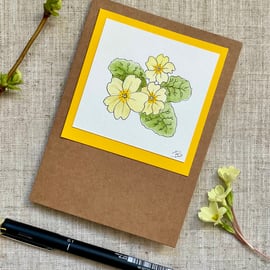 Card, pretty blank card with ink and watercolour primroses, handpainted.