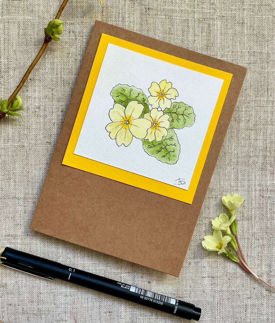 Card, pretty blank card with ink and watercolour primroses, handpainted.