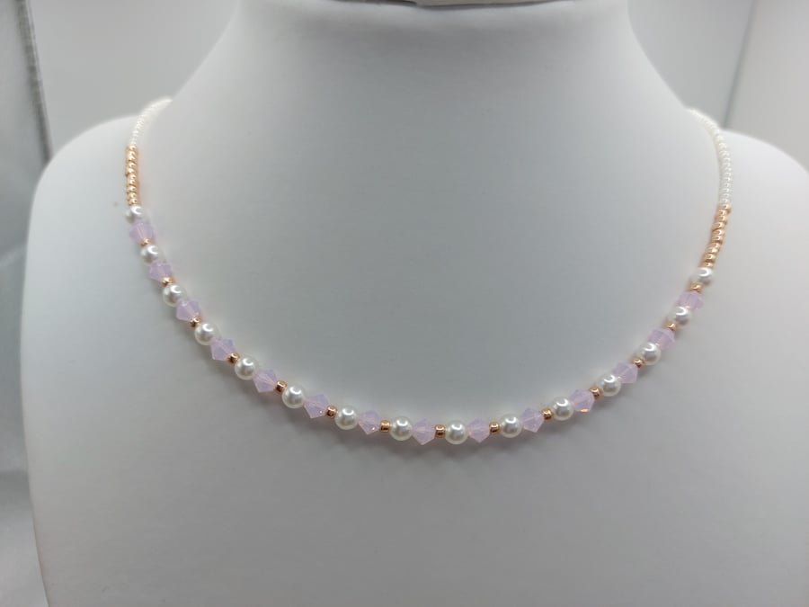 Rose water opal crystals, Glass pearls, Crystal Beaded necklace