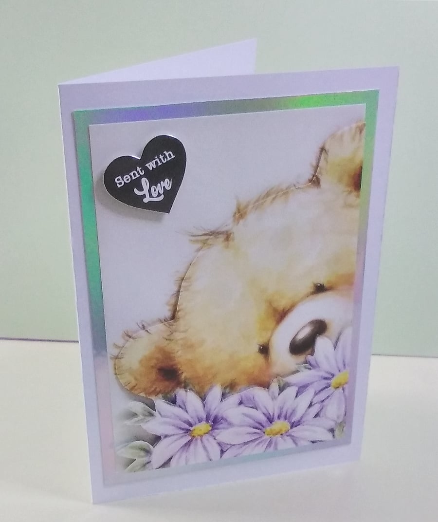 Blank card, Teddy and Flowers, Sent With Love