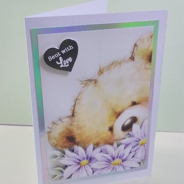 Blank card, Teddy and Flowers, Sent With Love