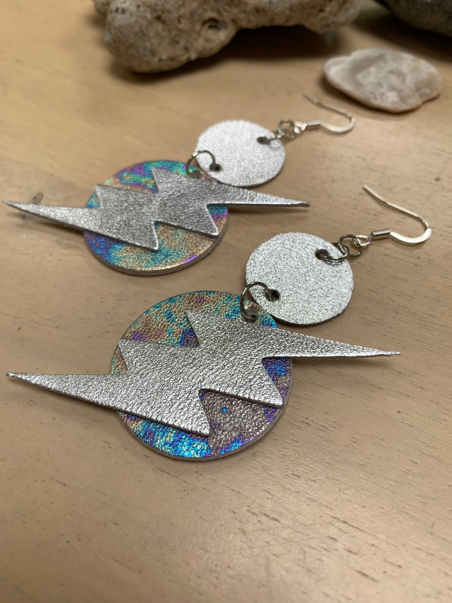 Handmade multi colour silver leather earrings