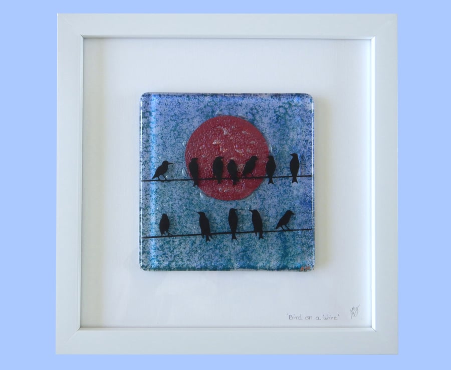 Artist made fused glass 'Birds on a Wire' Picture.