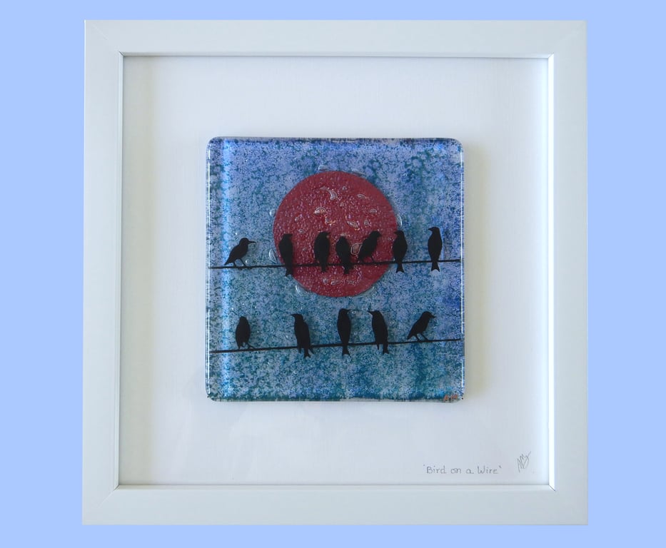 Artist made fused glass 'Birds on a Wire' Picture.
