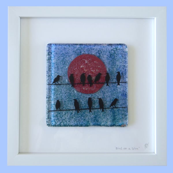 Artist made fused glass 'Birds on a Wire' Picture.