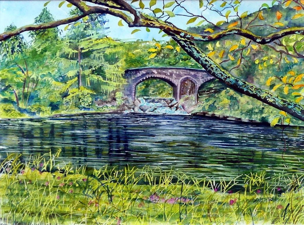 Bridge over River Lyon Landscape Watercolour, Scotland Scenery