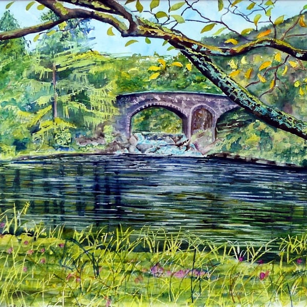 Bridge over River Lyon Landscape Watercolour, Scotland Scenery
