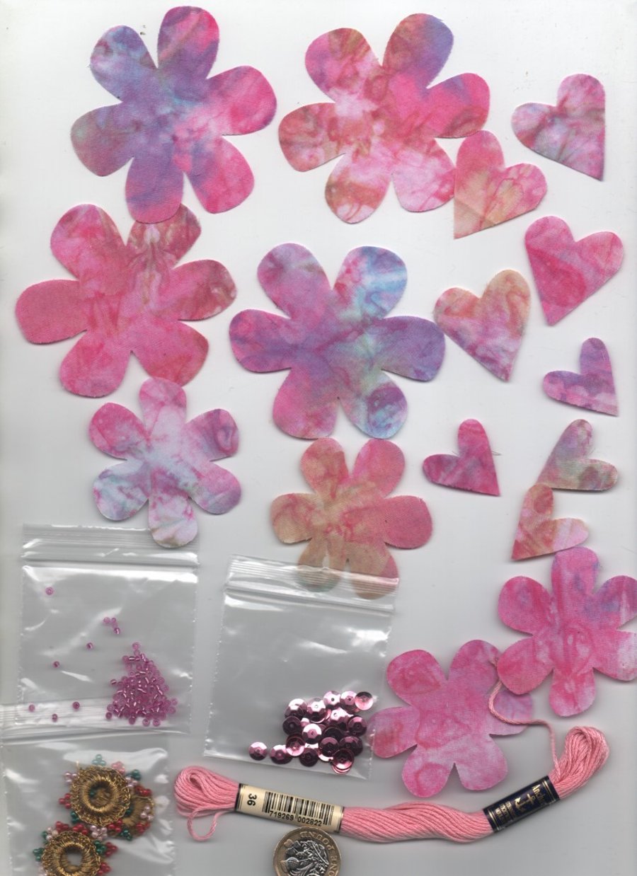 ChrissieCraft creative APPLIQUE Kit - embellished batik HEARTS & FLOWERS